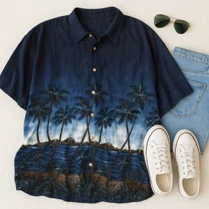 Vintage 90s Hawaiian Aloha Shirt XXL Blue Palm Tree Ocean Scene Rayon